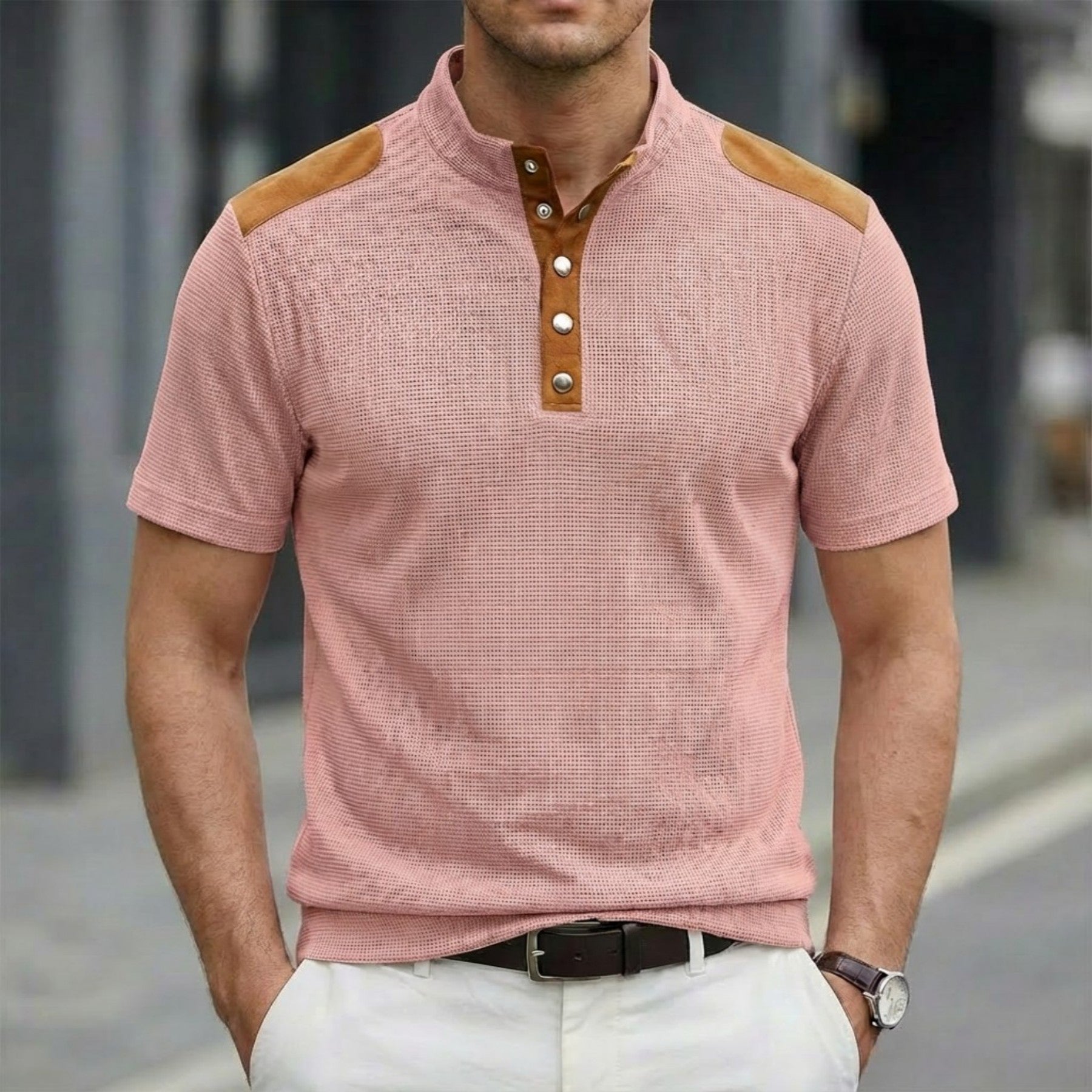 Casual Breathable Button-up Stand Collar Color-block Short-sleeved Men's T-shirt Top