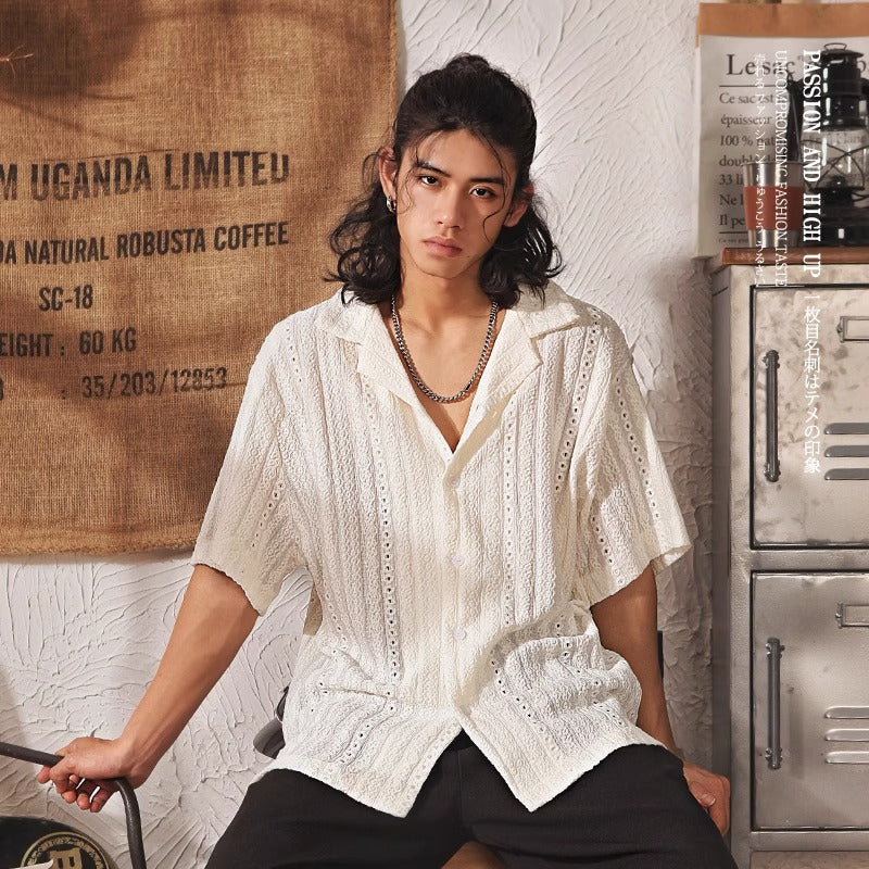Men's Short-sleeved Shirt with A High-end Cut-out Cuban Collar