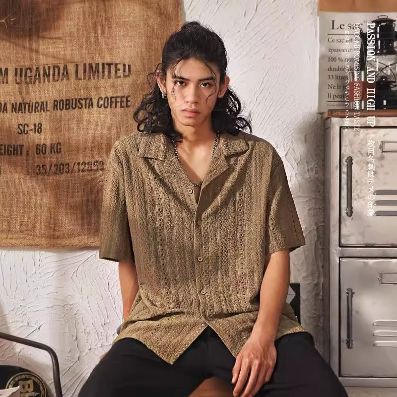 Men's Short-sleeved Shirt with A High-end Cut-out Cuban Collar