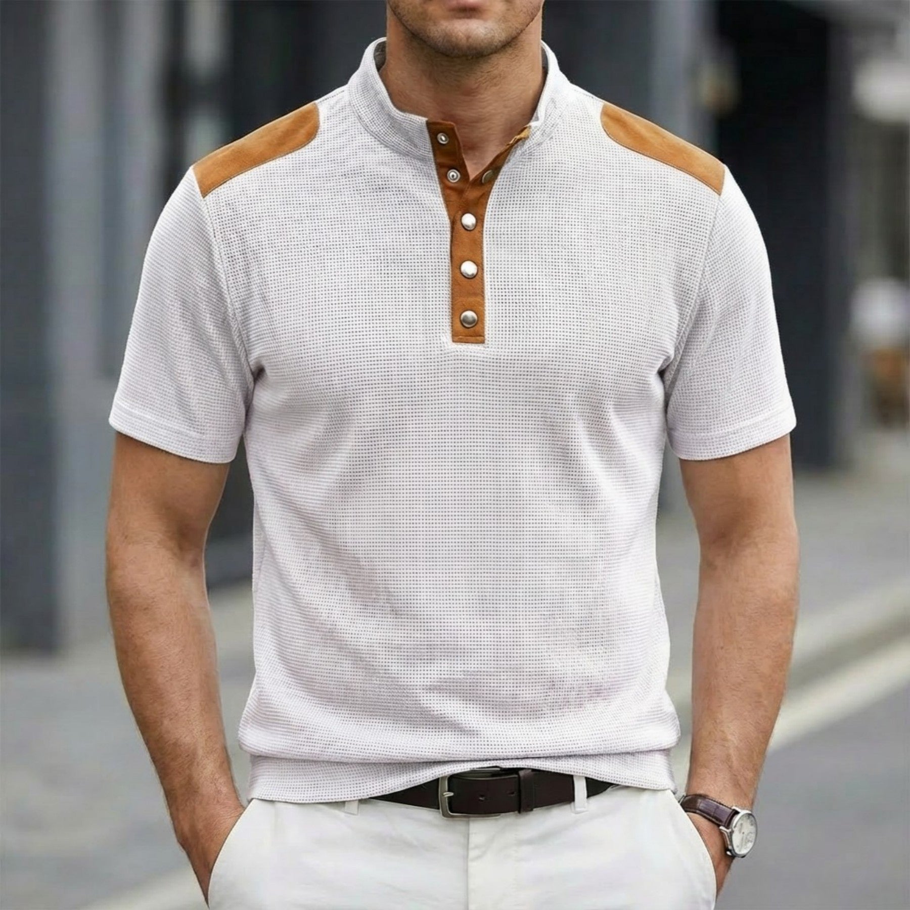 Casual Breathable Button-up Stand Collar Color-block Short-sleeved Men's T-shirt Top