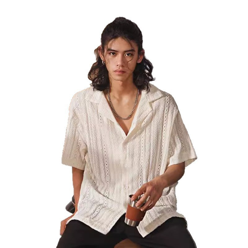 Men's Short-sleeved Shirt with A High-end Cut-out Cuban Collar
