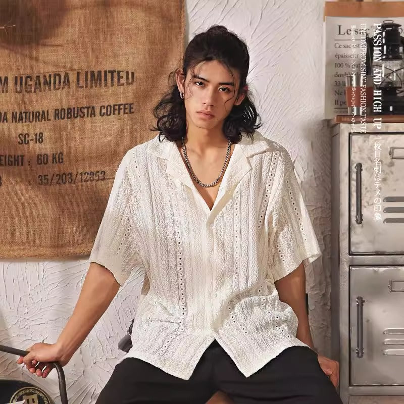 Men's Short-sleeved Shirt with A High-end Cut-out Cuban Collar