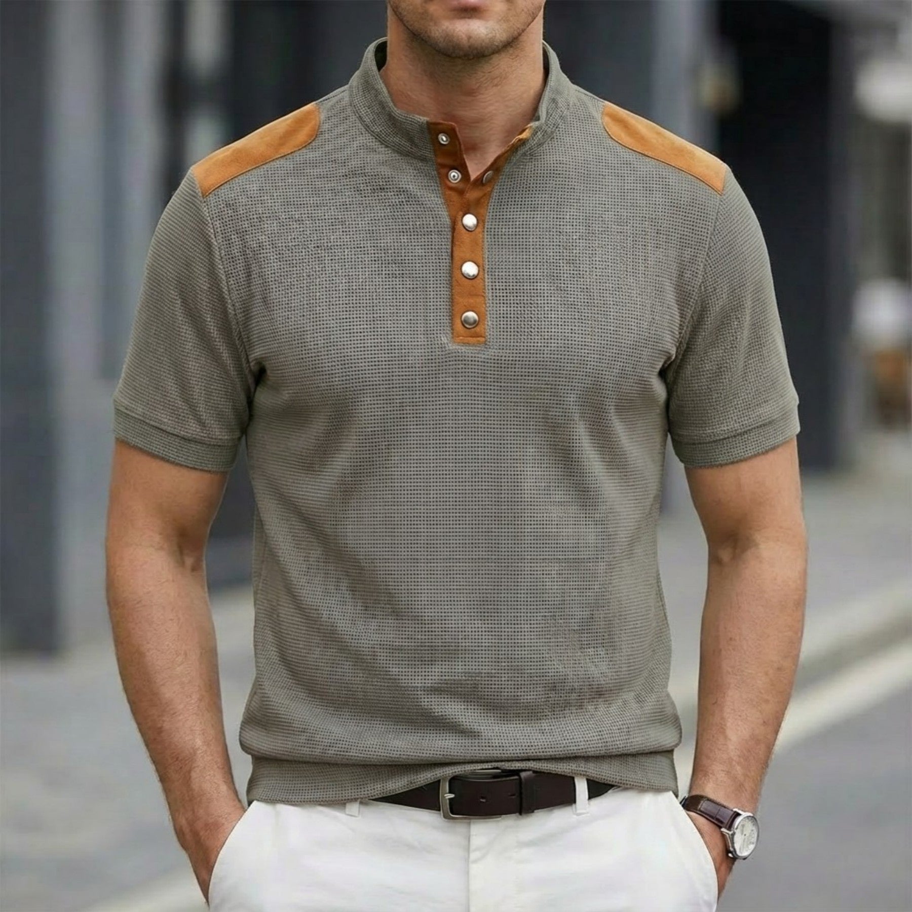 Casual Breathable Button-up Stand Collar Color-block Short-sleeved Men's T-shirt Top