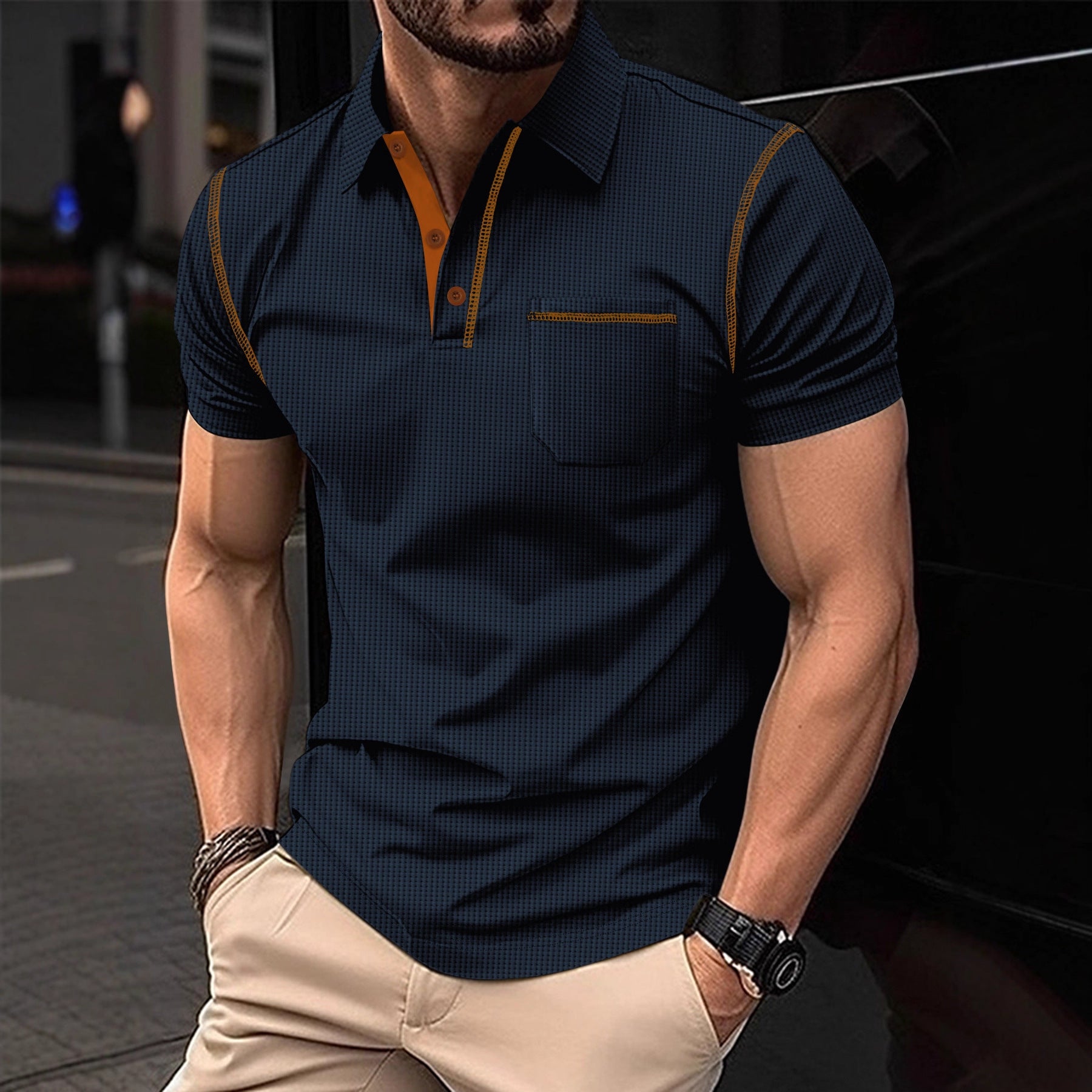 Men's Short-sleeved Color-blocked Polo Shirt